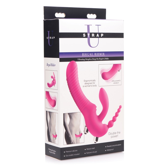 Strap U Regal Rider Vibrating Silicone Strapless Strap On 6” Triple G Dildo, , large
