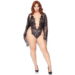 Plus-Size 3-Piece Floral Teddy Thong and Robe Set By Leg Avenue, , large