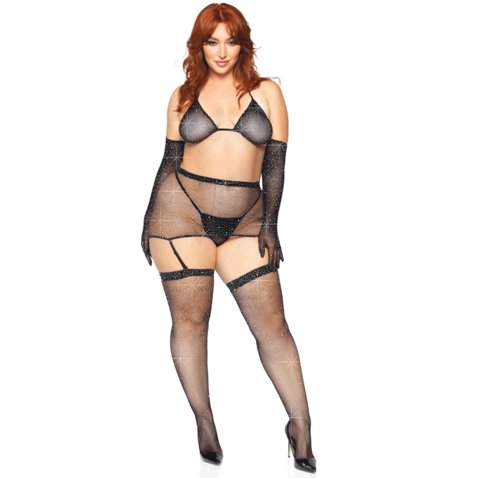 Plus-Size 5-Piece Rhinestone Garter and Bikini Set By Leg Avenue, , large