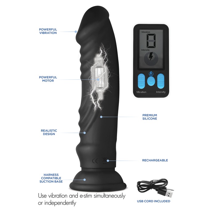 Zues Vibrating E-stim Silicone Dildo with Remote, , large